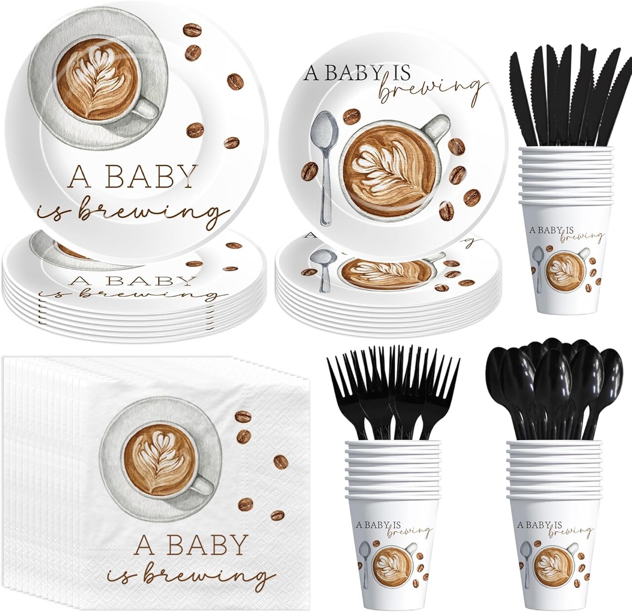 Coffee Baby Shower Decorations Tableware, Coffee Bean Theme A Baby Is Brewing Party Supplies for Birthday, Paper Plates, Cups, Napkins, Disposable Cutlery